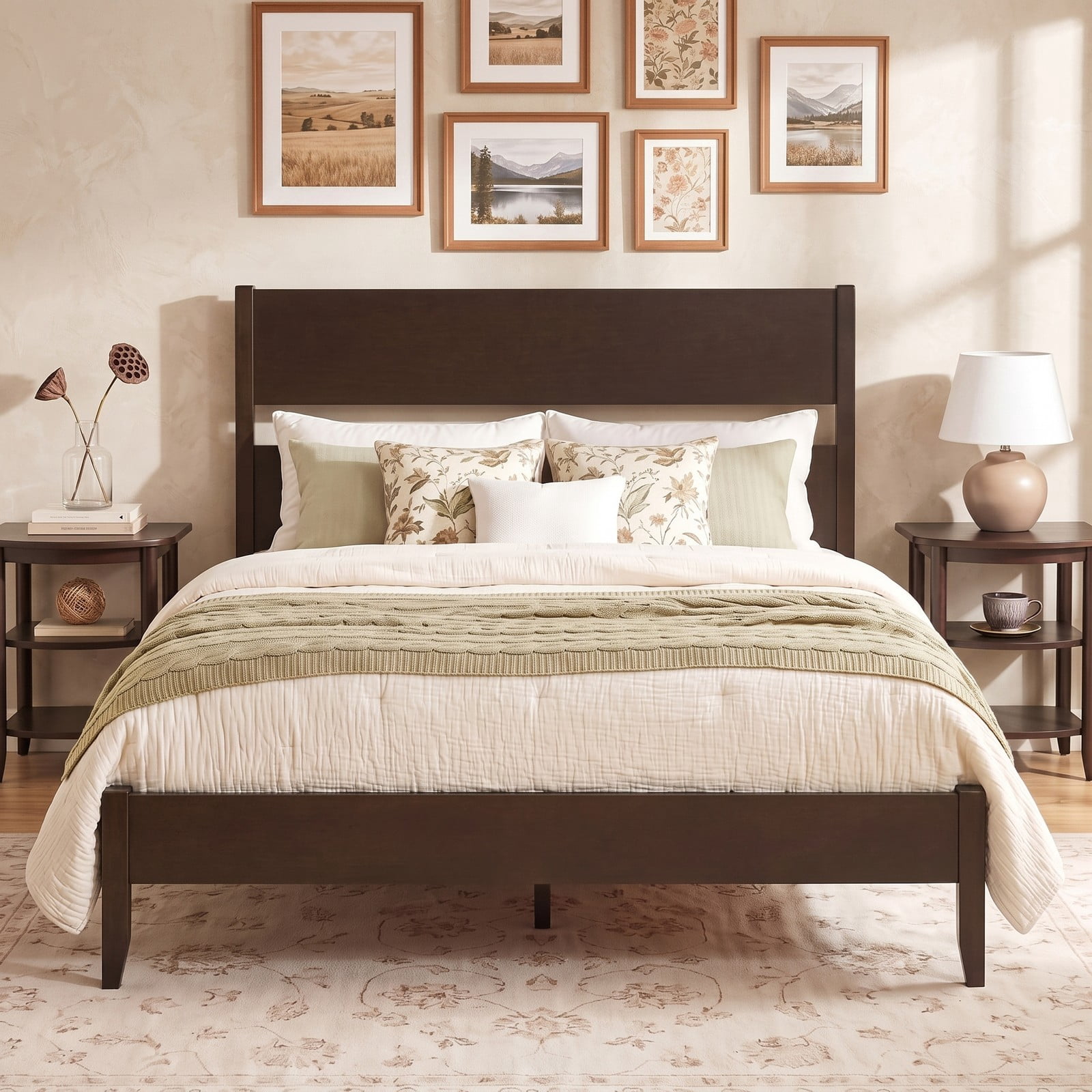 Furnibear Full Size Bed Frame with Panel Headboard, Wood Platform Bed Frame with 12 Slats and Solid Wood Legs for Bedroom, Dark Walnut