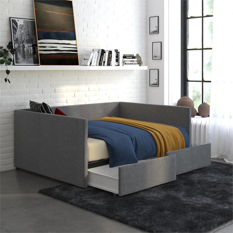 DHP Mya Upholstered Daybed with Storage in Full in Gray Linen