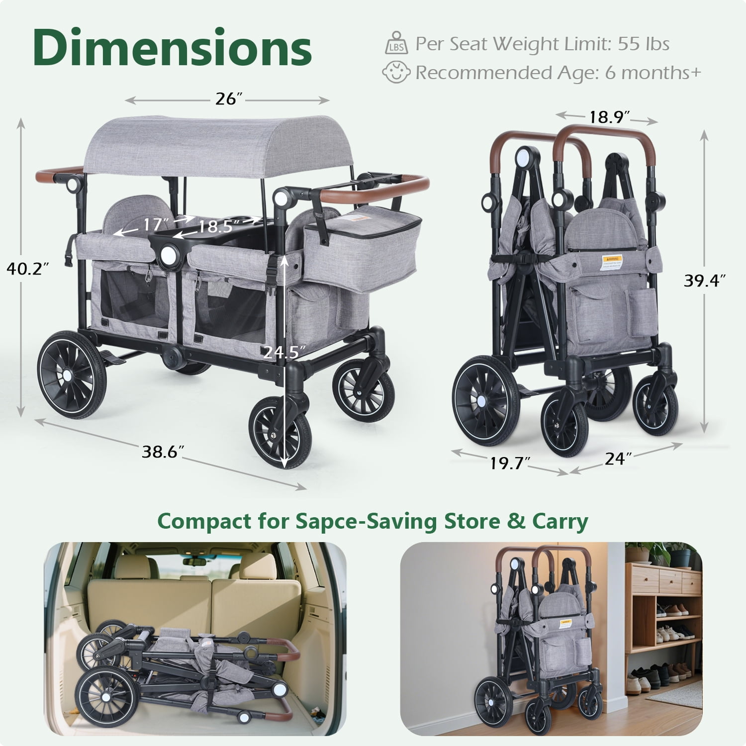 LINLUX Toddler Wagon Stroller, All Terrian Baby Stroller Wagon, Fodable Kids Wagon 2 Seats, Grey