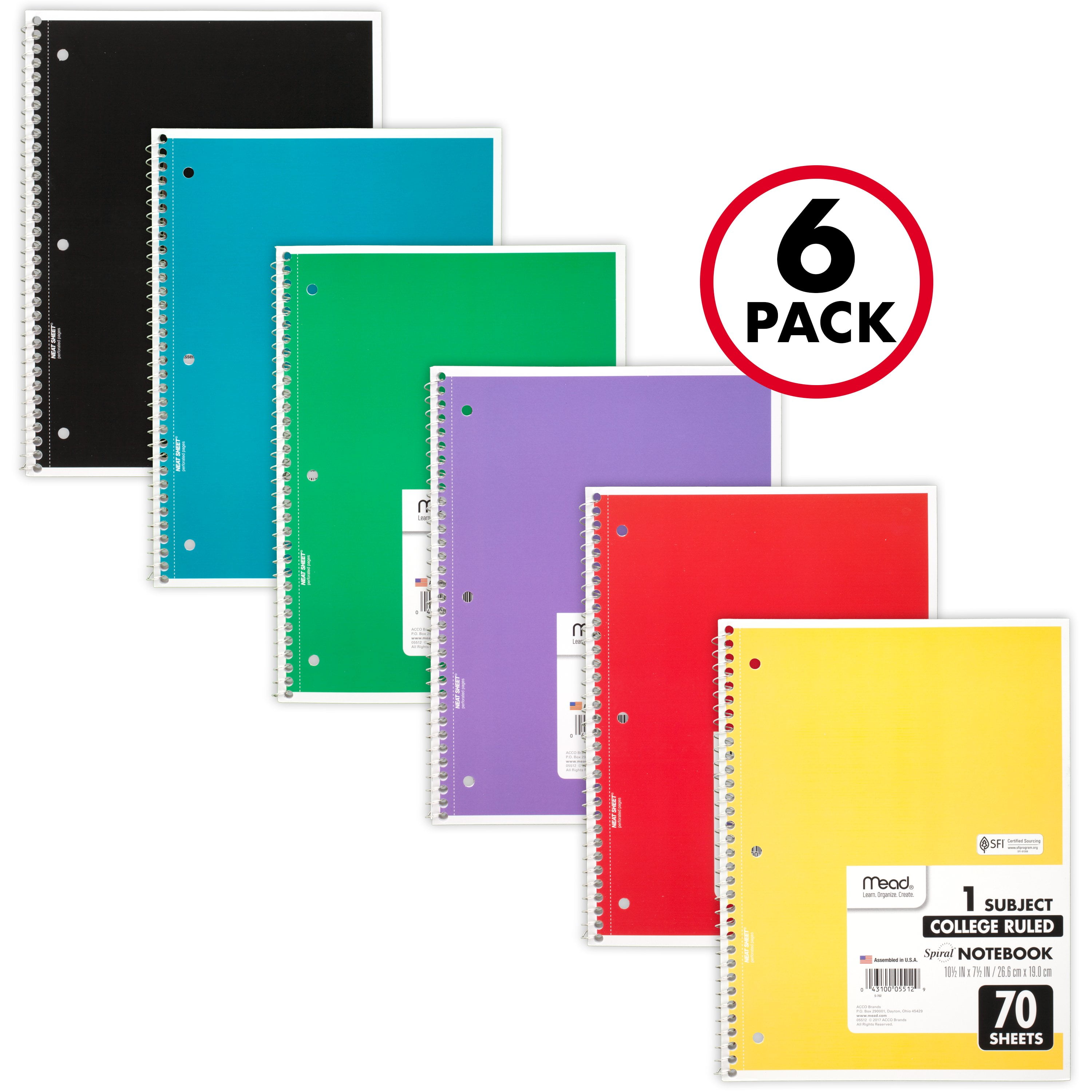 Mead Spiral Notebooks, 6 Pack, 1 Subject, College Ruled Paper, 7-1/2 x  10-1/2, 70 Sheets per Notebook, Color Will Vary (73065)