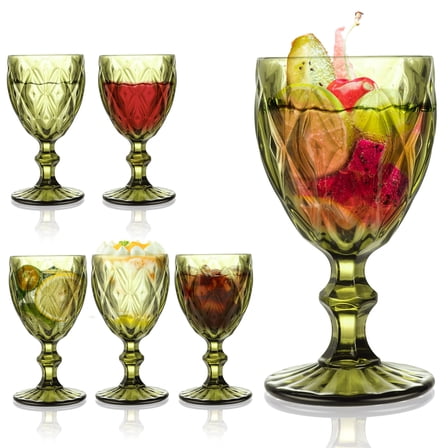 FOUNDLDF Wine Glasses, Vintage Embossed Tall Wine Glasses Set of 6 - 240ml Clear Glasses for Wedding Party Bar,Green