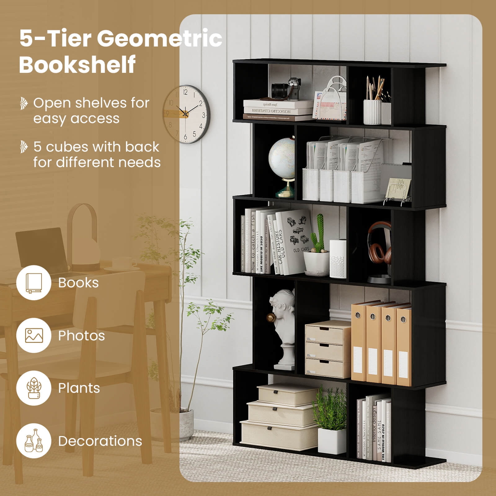 Costway 2 PCS 5-Tier Geometric Bookshelf with Open Shelves Closed-back Cubes for Living Room Black