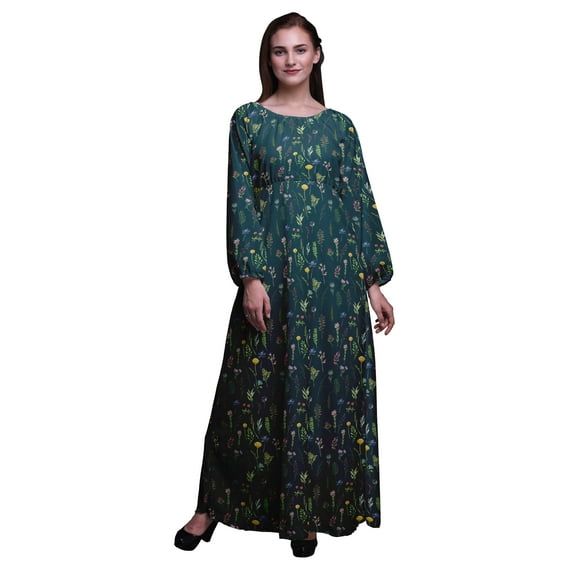 Bimba Moss Georgette Ranunculus & Sweetpea Leaves Print Women’s Long Elastic Waist Casual Summer Maxi Dress-XSmall