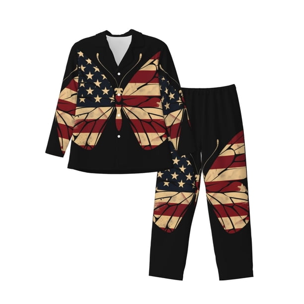 Fotbe Patriotic USA Butterfly Art Pijama de Hombre con Estampado de Manga Larga, Conjunto de 2 Piezas, Ropa de Dormir Suave y Cómoda con Bolsillos-XX-Large