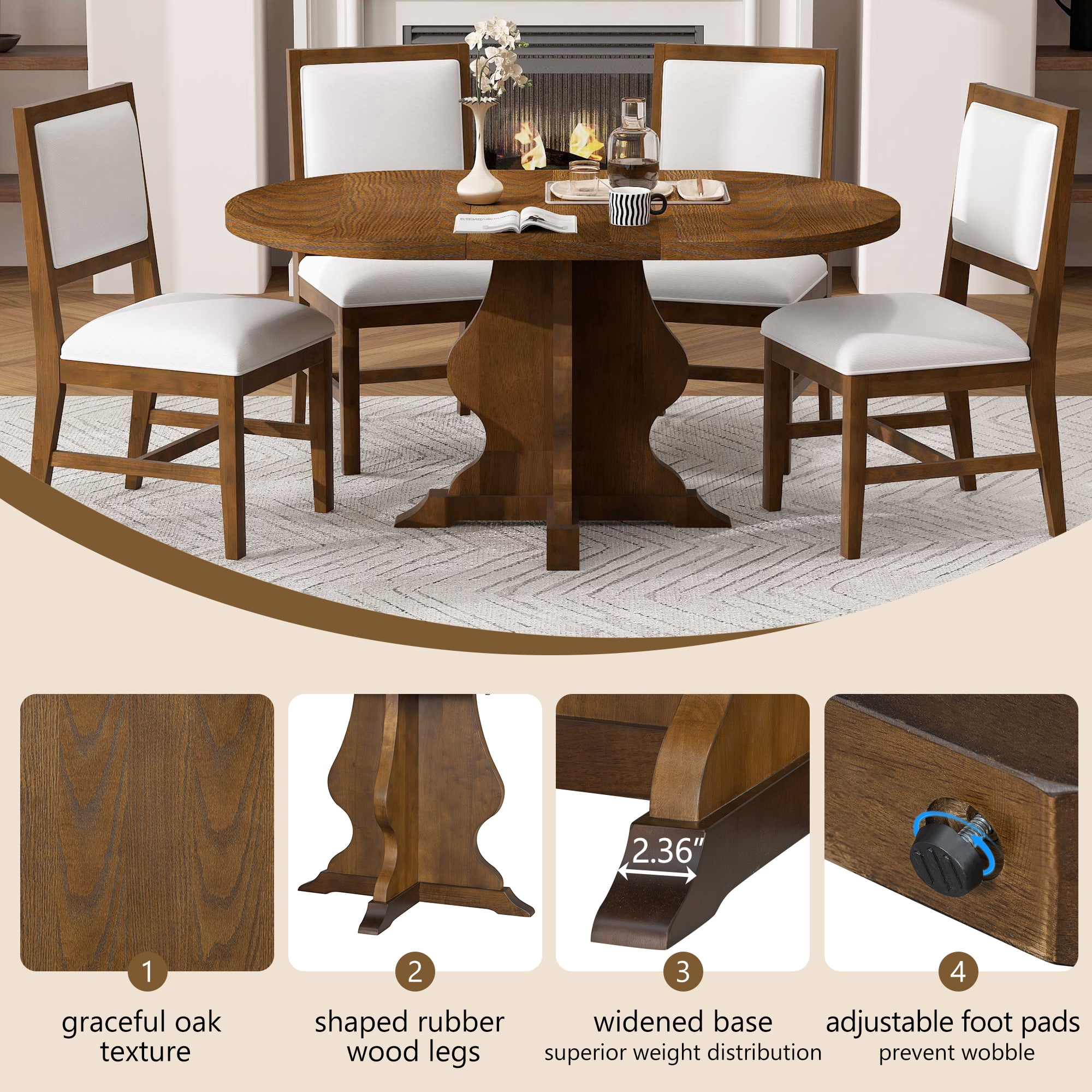 Euroco 5-Piece Round Dining Table Set for 4, 58" Extendable Kitchen Table with 4 Upholstered Chairs,Solid Wood Dining Set for Small Space,Brown