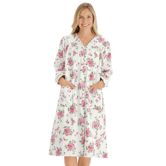 Collections Etc Floral Print Snap Front Long-Sleeve Flannel Robe with Pockets