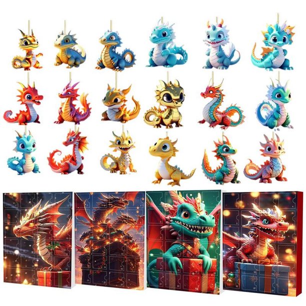 Calendario de adviento navideño de dragón con colgante de dinosaurio acrílico, calendario de adviento de 24 días de vacaciones para decoración de árbol de Navidad de coche