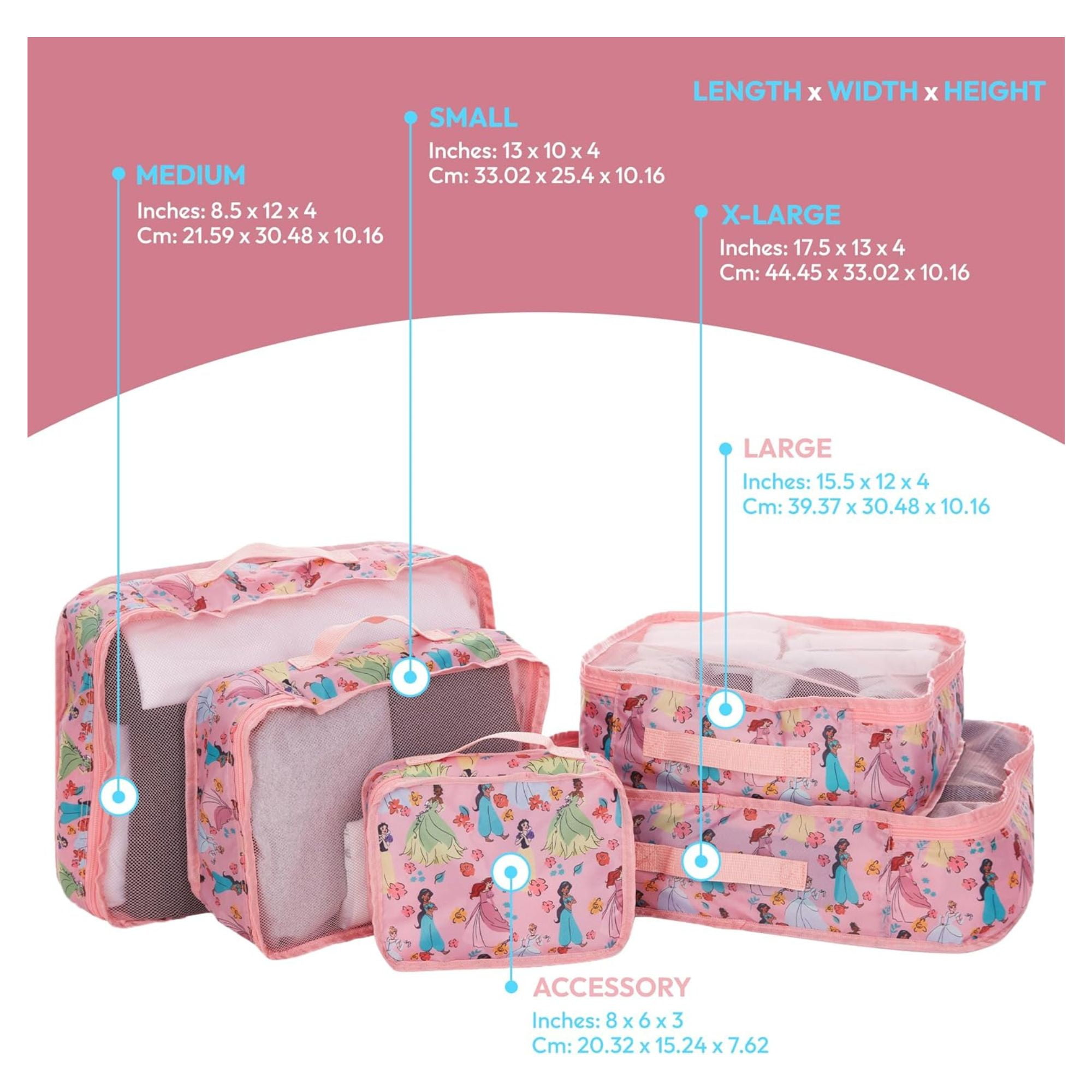 Disney Princess Packing Cubes, 5 Piece Organizer Set Travel Essentials Bags for Kids and Adult Pink