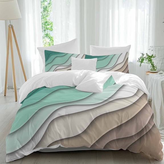 3 Piece Green Brown Ombre Duvet Cover Set Queen Size,Microfiber Comforter/Quilt Cover with Corner Ties and 2 Pillowcases,Modern Geometric Abstract Aesthetic Cream Soft Bedding with Zipper Closure