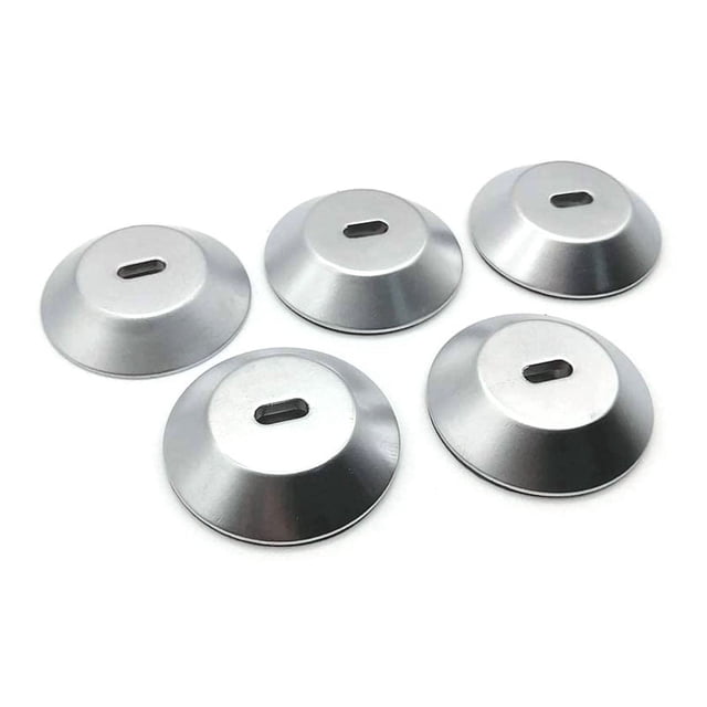 Anchor Plate Adhesive Security Plate with Slot for Cables to Lock Down Laptops, Tablets, Monitors, and Smartphones. The image shows five silver anchor plates made of high-strength zinc alloy with a pearl chrome finish. Each plate features a central slot for cable attachment and a rounded base measuring 35mm. These plates are designed for anti-theft purposes, utilizing super sticky industrial adhesive for secure attachment to devices such as laptops, tablets, and monitors. Package includes five anchor plates, five double-sided adhesive tapes, and five cleaning pads.