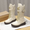thumbnail image 4 of PFWOWB Girls Knee-High Combat Boots Lace-Up Buckle Strap Tall Boots with Side Zipper (White,11), 4 of 5