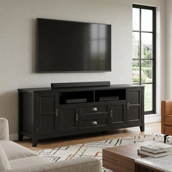 Simpli Home Burlington 72 inch Wide Solid Wood TV Stand in Black For TVs up to 80 inches
