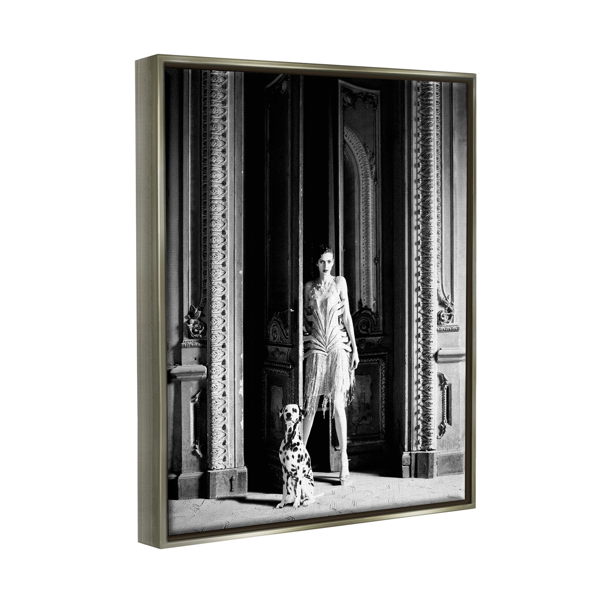 Stupell Industries Upscale Fashion Woman Dalmatian Dog Ornate Building Photograph Luster Gray Floating Framed Canvas Print Wall Art, Design by Leah Straatsma