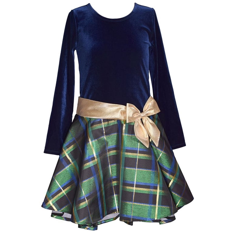 Bonnie Jean Girls Plaid Sparkle Dress – Velvet & Taffeta Holiday Dress With Gold Bow – Special Occasion Outfit