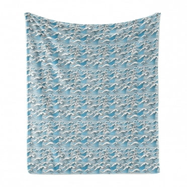 Ocean Soft Flannel Fleece Throw Blanket, Wavy Sea Pattern Ornamental Marine Illustration with Curved Stripes, Cozy Plush for Indoor and Outdoor Use, 60" x 80", Baby Blue White, by Ambesonne