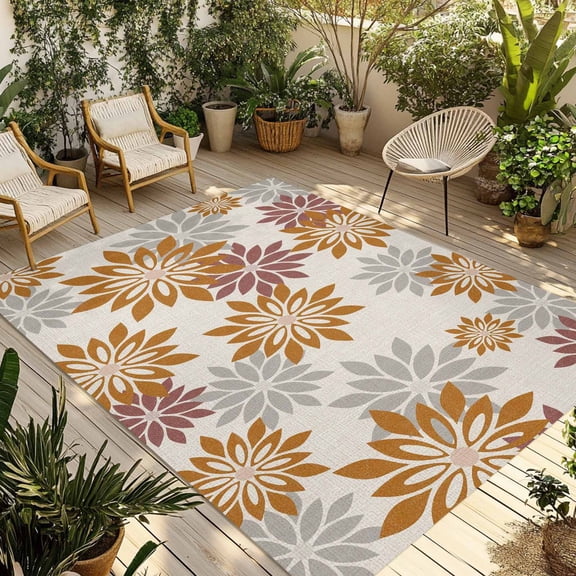 Geometric Flower Outdoor Rug for Patio/Deck/Porch, Non-Slip Large Area Rug 6 x 9 Ft, Vintage Country Floral Orange Grey on Linen Indoor Outdoor Rugs Washable Area Rugs, Camping Rug Carpet Runner