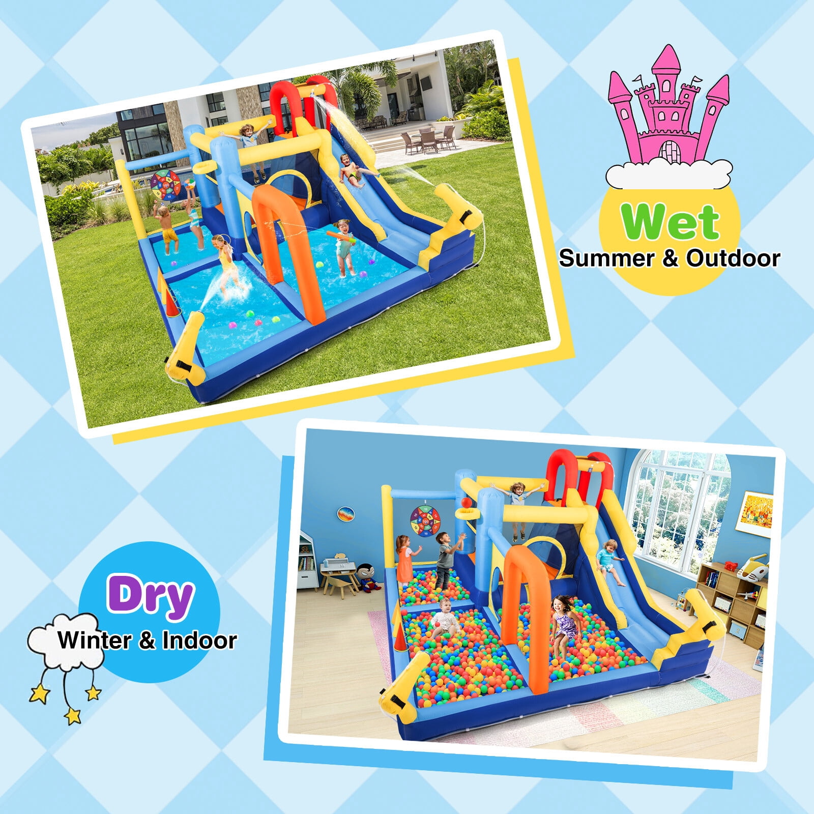COSVALVE Kids Inflatable Water Slide Bounce House Jumping Climbing Playhouse with Splash Pool,Basketball Hoop,Water Cannons,550W Air Blower Indoor/Outdoor