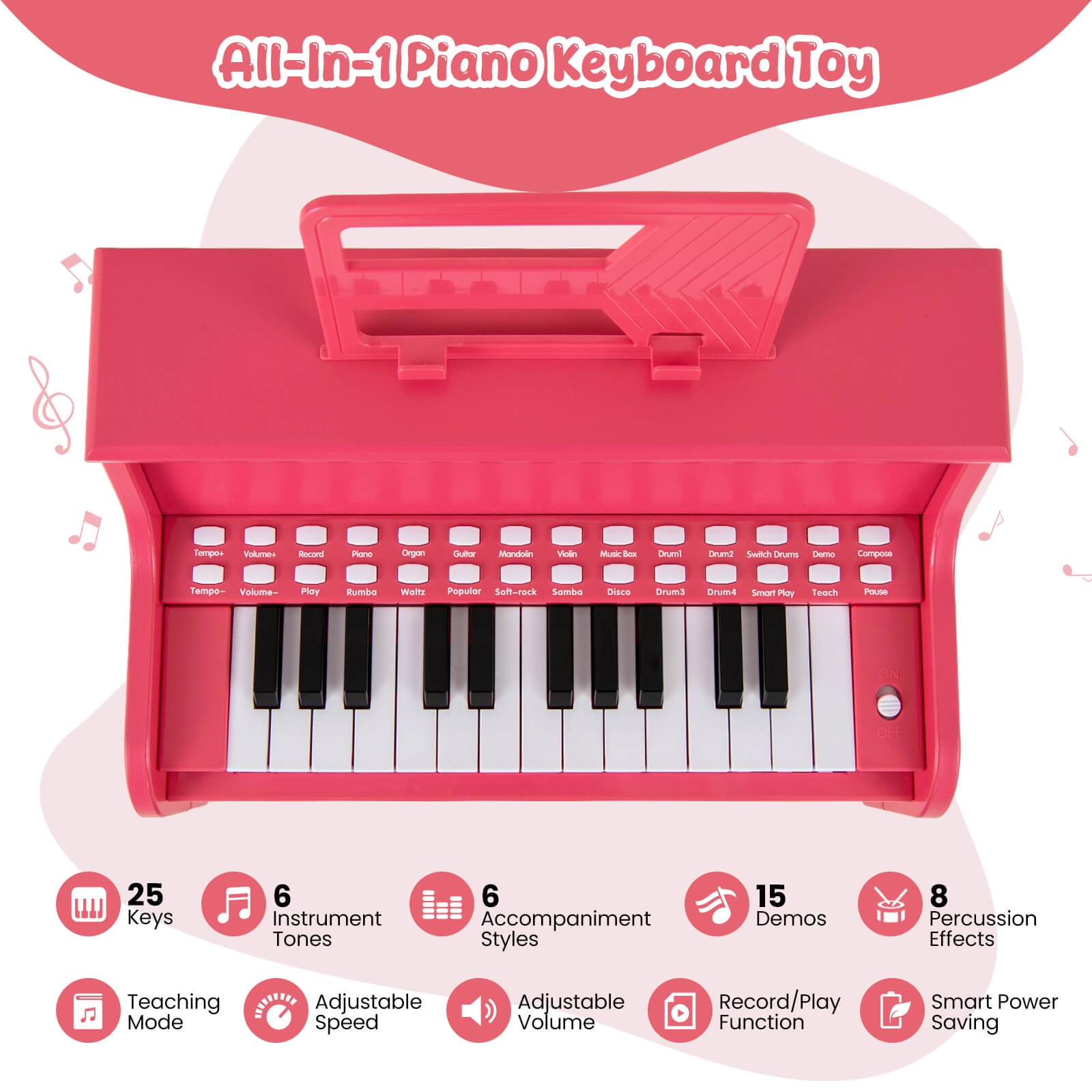 Infans 25 Keys Digital Piano w/Music Stand Stool Lighted Keys Teaching Mode for 3+ Kids