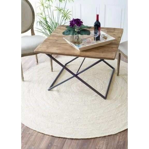 5 Ft Round Off White Jute Area Rug, Hand-Woven, Reversible, Farmhouse Boho Style, Durable & Pet-Friendly Rug for Living Room, Dining Room, and Bedroom