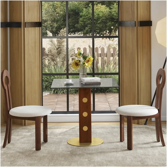 Modern Square Glass Dining Table with Gold Base & Wooden Legs for Small Space, 2 Person Kitchen Table