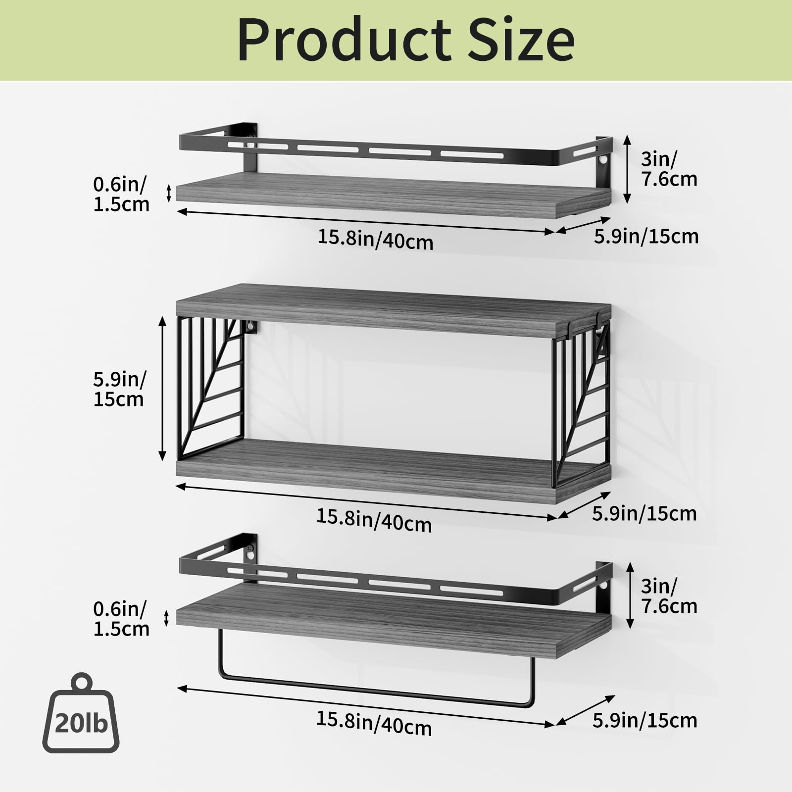 Fairy 4pcs Bathroom Floating Shelves Over Toilet, Wall Shelves with Towel Bar for Bathroom, Living Room (Gray)