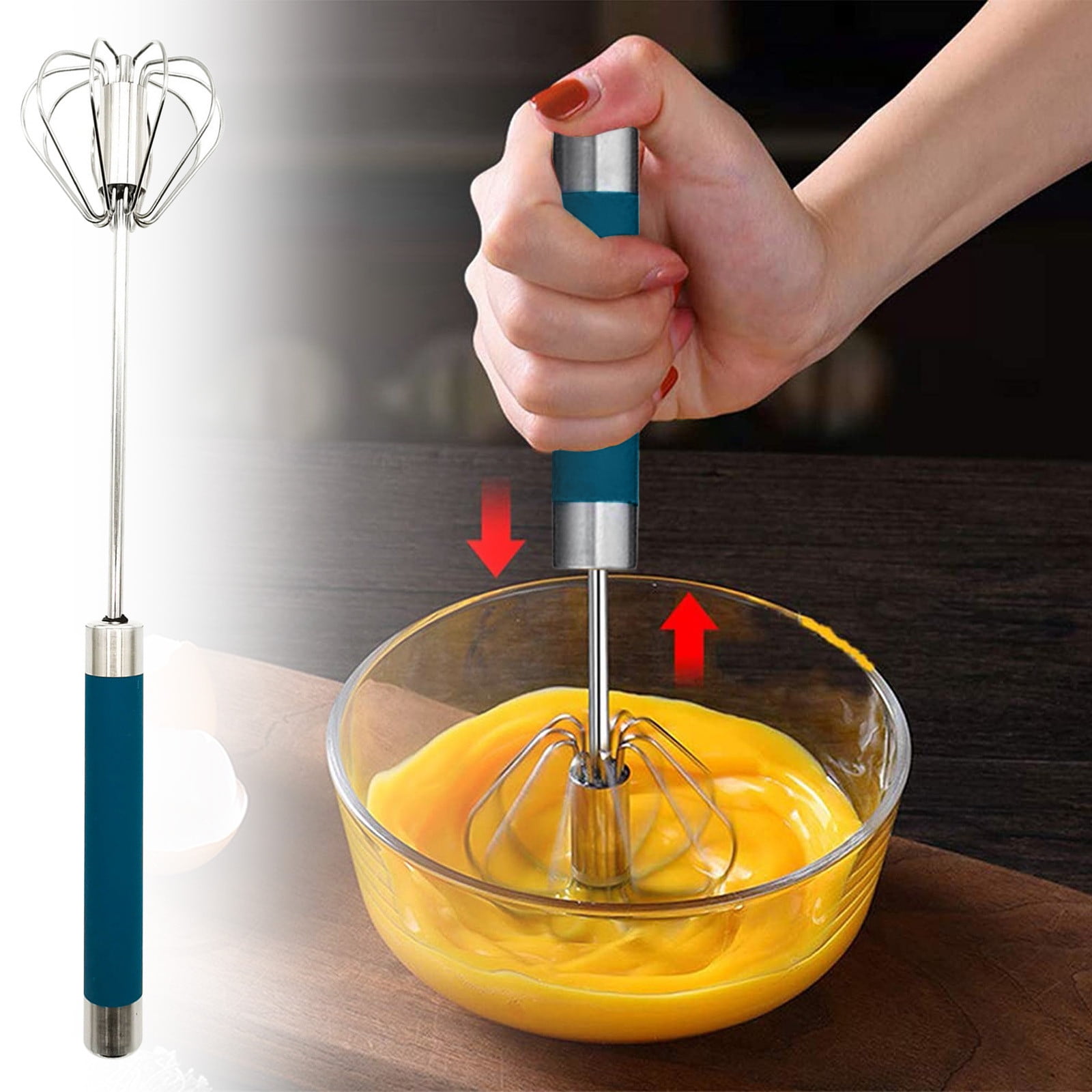 VeliToy Food Grade Stainless Steel Automatic Eggbeater Press Down to Rotate  & Mix Rotating Whisk Kitchen Baking Cooking Tools 10 Inches(10 Inches) 