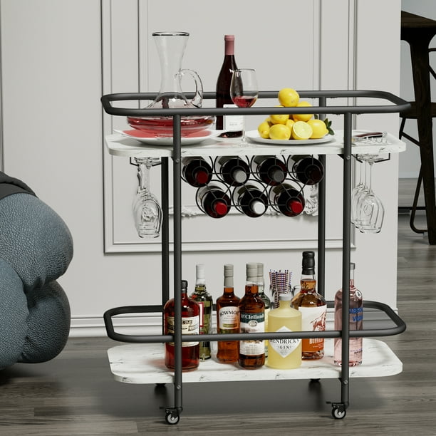 Wine Bar Cart, Small Rolling Serving Cart with Wine Rack and Glass