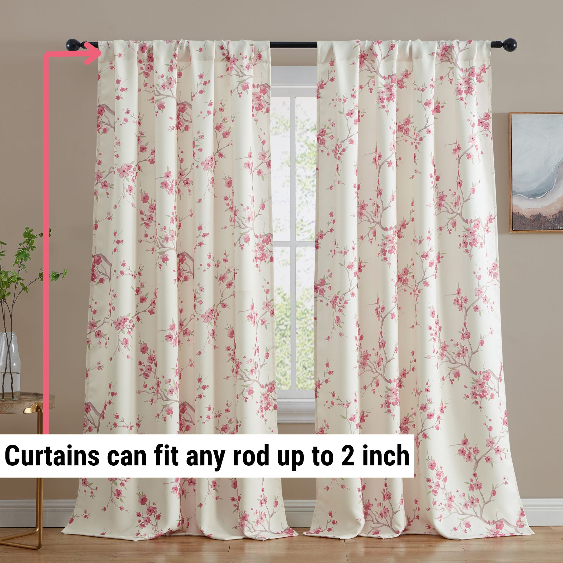 THD Yasmine Floral Room Darkening Rod Pocket Light Filtering Curtain Panels - Set of 2