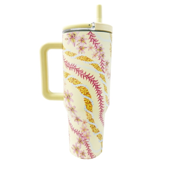 Island Crew 40 oz Yellow Floral Lei Stainless Steel Tumbler with Handle