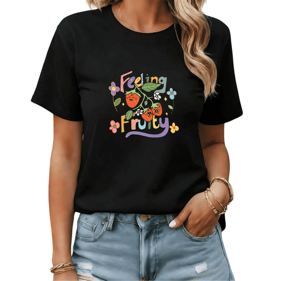 Black T shirt Graphic Tees Retro Fruity Letter Strawberry Daily Wear Shirts S-5XL Tops
