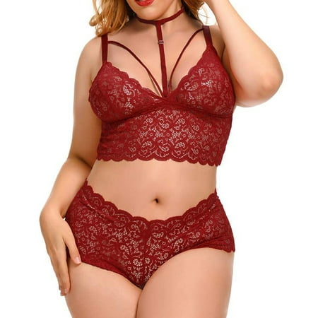 

nsendm Plus Size Lingerie Set for Women Sexy Halter Choker Strappy Bra and Panty 2 Piece Lace Underwear Women Lace Bra Set Sexy Underwear Wine XX-Large