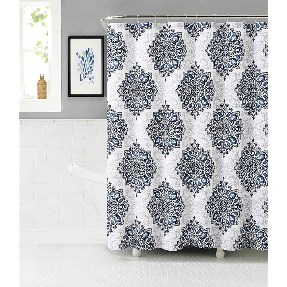 Home Tranquility Navy Blue White Fabric Shower Curtain Floral Medallion Damask Design