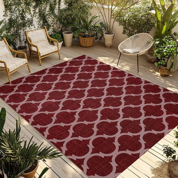 Deep Red Morocco Outdoor Rug for Patio/Deck/Porch, Non-Slip Large Area Rug 5 x 7 Ft, Retro Farmhouse Quatrefoil Plaid Indoor Outdoor Rugs Washable Area Rugs, Reversible Camping Rug Carpet Runner