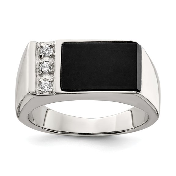 White Sterling Silver Ring Band with Stones Men's Cubic Zirconia CZ Onyx Black