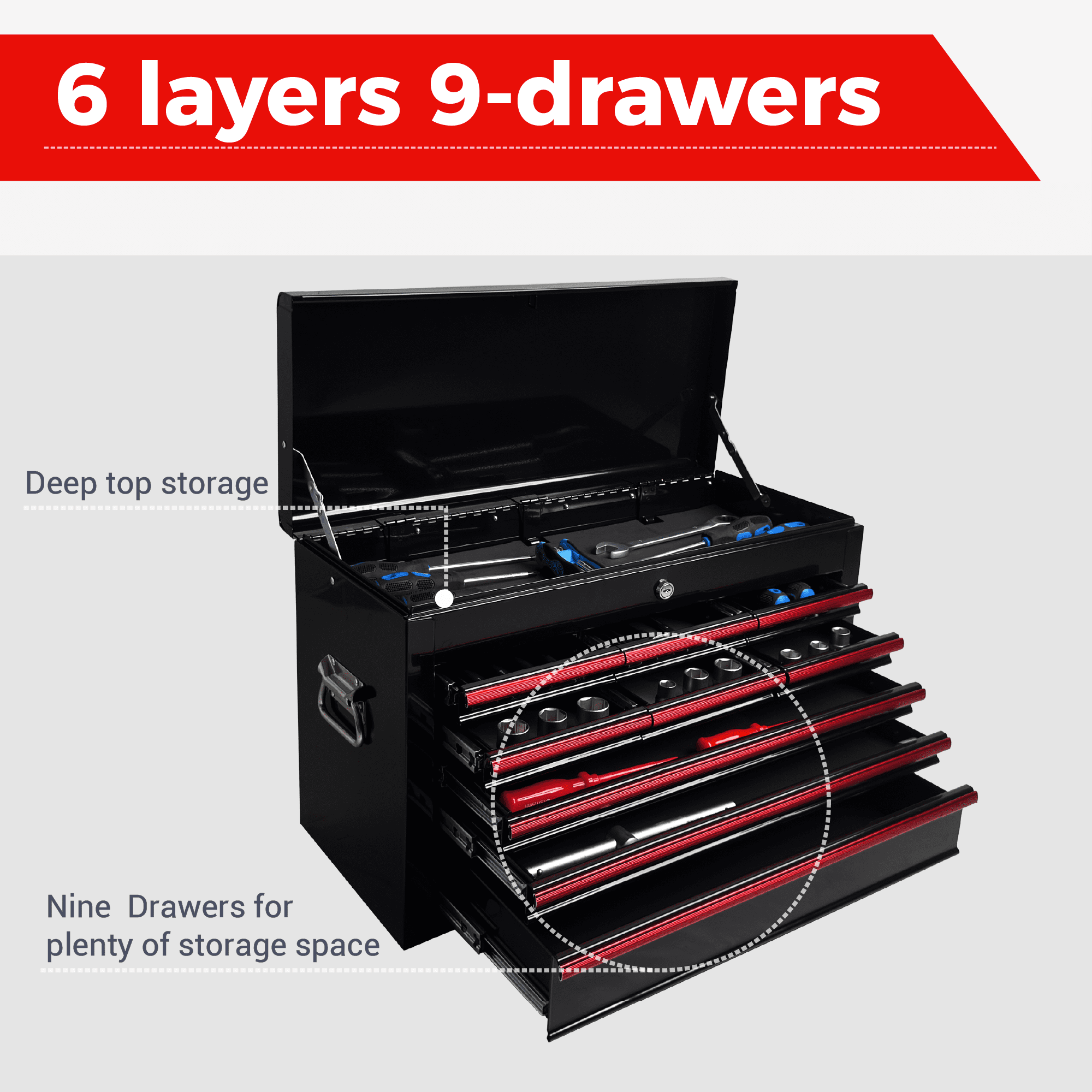 Heavy Duty Metal Tool Box,24 Inch Portable Tool Chest with 9 Drawers, Ball Bearing Slide Drawers with Auto-Locking System, Lockable Top Box Tool Organizer for Garage, Workshop, Truck,Black