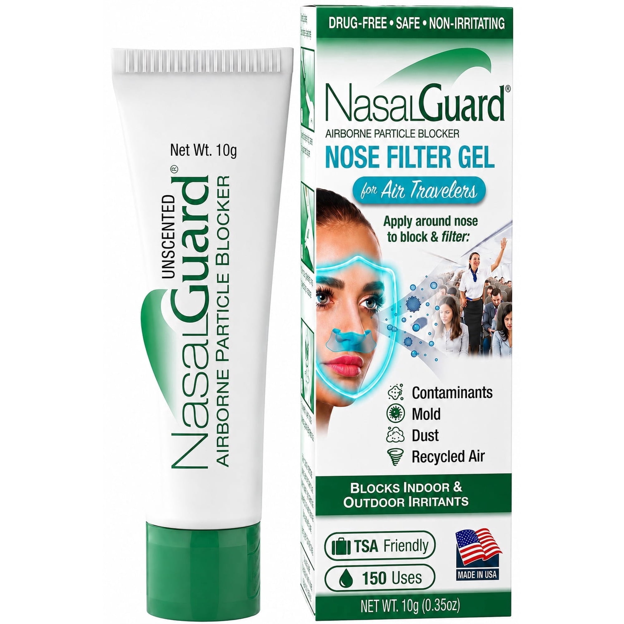 NasalGuard for Air Travelers | Helps Block Dust, Mold & Airborne Contaminants | Drug-Free, Applied Around Nose | TSA Friendly | 150+ Uses (Cool Menthol, 10g)