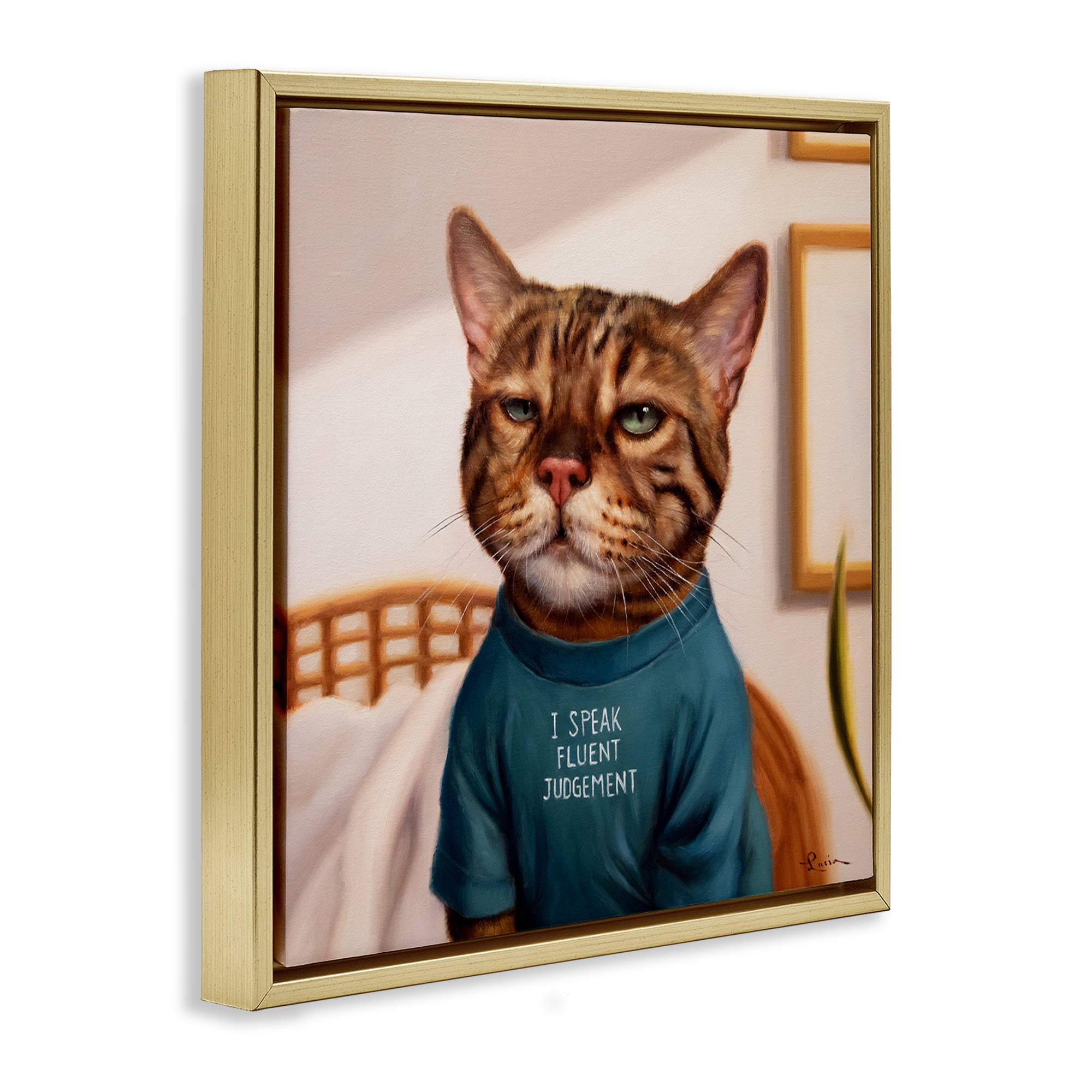 Stupell Industries Cattitude Speak Fluent Judgement Gold Framed Floater Canvas Wall Art, design by Lucia Heffernan