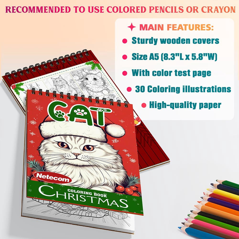 Netecom Christmas Cat Coloring Book Spiral Bound For Adults, A5 Wooden Cover, 30 Charming Coloring Pages of Cute Cats in Christmas Day for Stress Relief and Relaxation