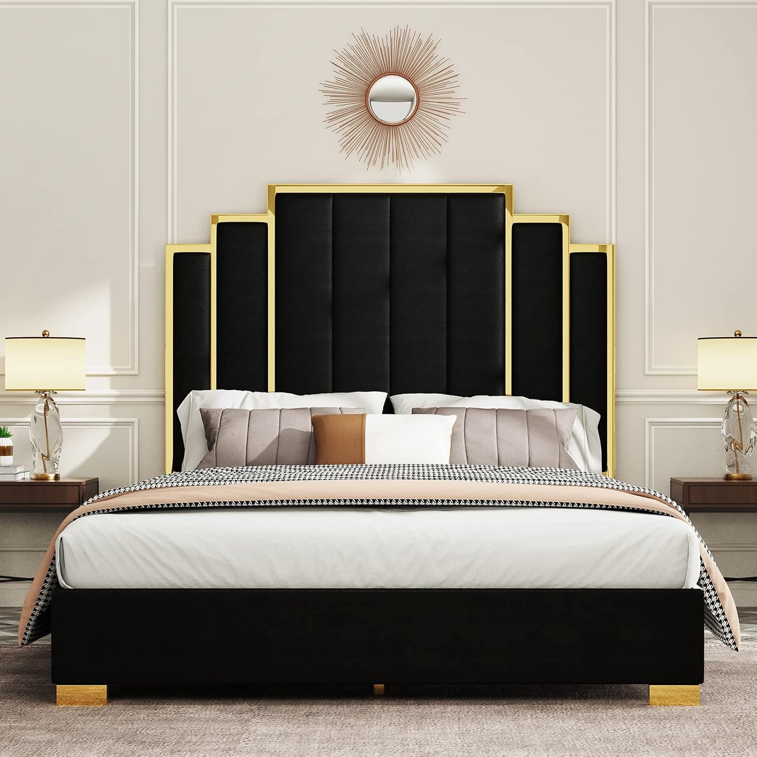 VanAcc Queen Size Platform Bed Frame, 61.4" Velvet Upholstered Bed: with Gold Trim Headboard/Wooden Slats/No Box Spring Needed/Black