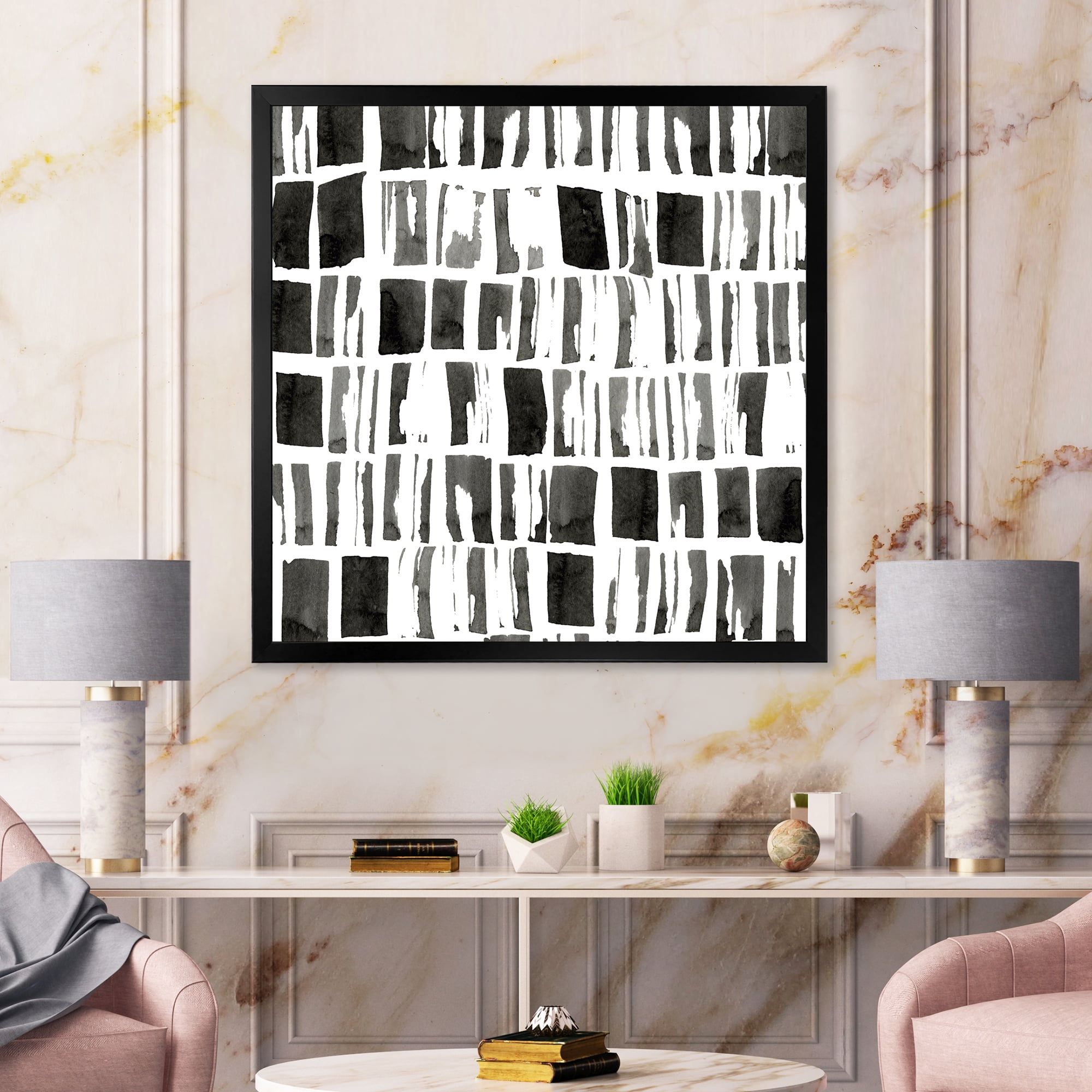 Designart 'Abstract Black and White Bricks' Modern Framed Art Print