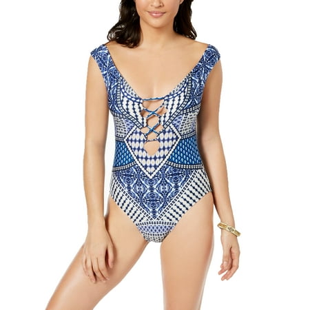 Kenneth Cole Hidden Paradise Off-The-Shoulder Tummy-Control One-Piece Swimsuit (Blue, X-Large)