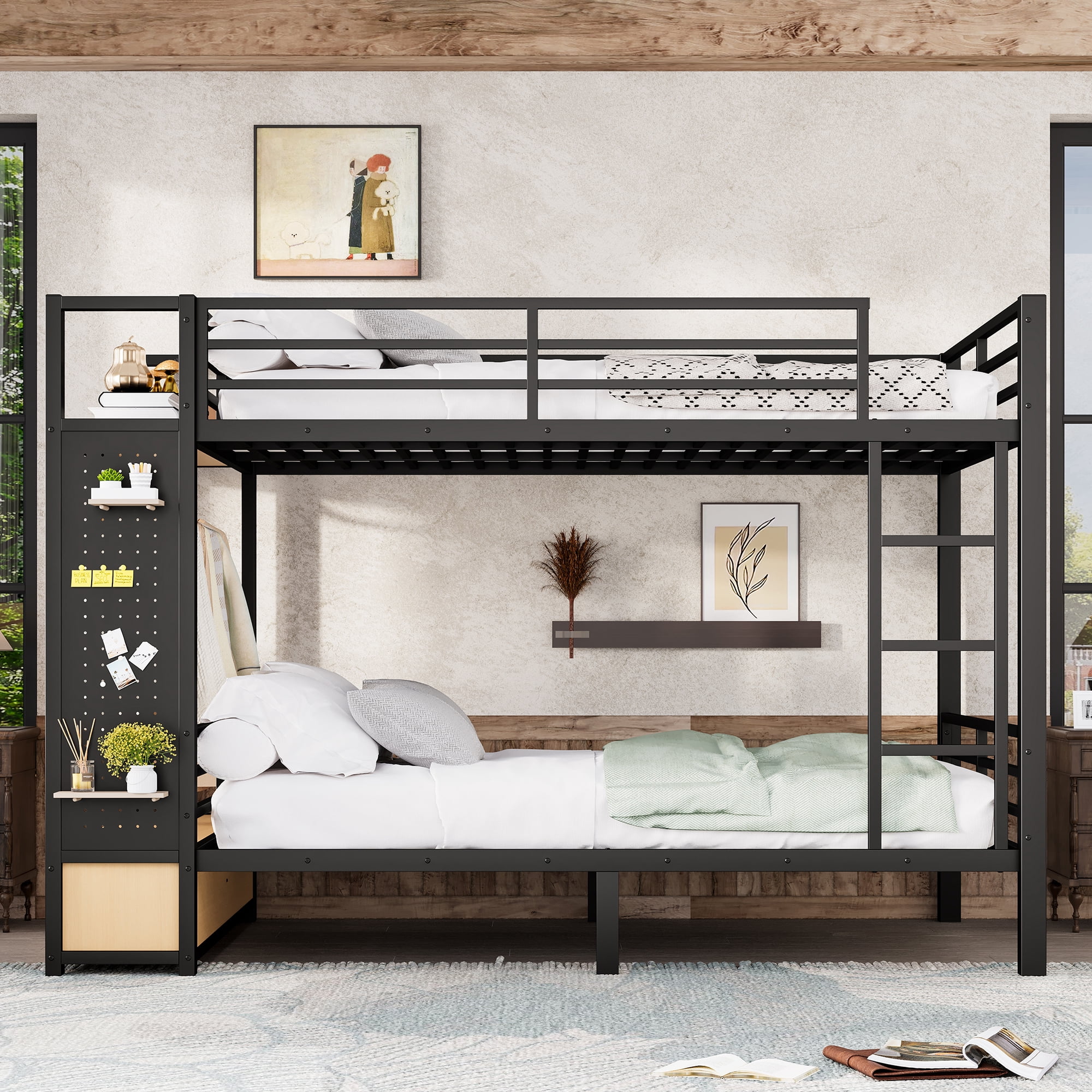 Leumius Queen over Queen Metal Bunk Bed with Built-in Wardrobe,Heavy Duty Loft Bed Frame with Storage Shelves,Drawers and Pegboard,Space-Saving,Black