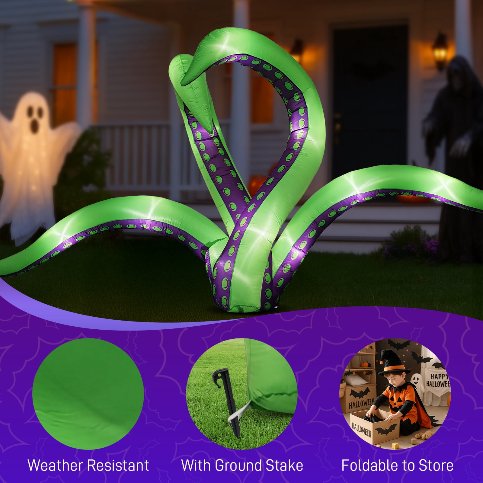 Astoutdoor 2 Pack Halloween Inflatable Octopus Tentacles, 6.9 ft Hanging Outdoor Decoration with Built-in White LED Lights, Polyester, 9.84 in L x 7.09 in W x 9.45 in H