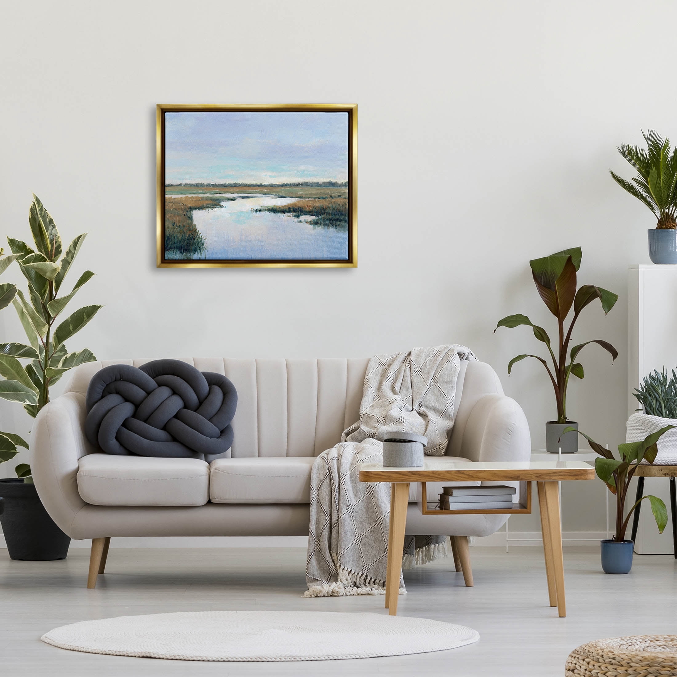 Stupell Industries Rural River Horizon Landscape Painting Metallic Gold Floating Framed Canvas Print Wall Art, Design by Tim OToole