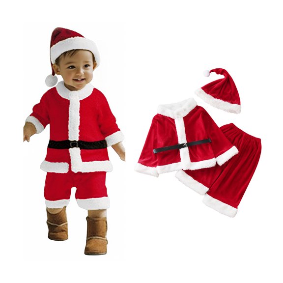 KIds Santa Outfit Long Sleeve Tops Pants Hat Belt Kids Xmas Santa Suit Sets Baby Boy Christmas Clothes Festive Dress Outfit 3-4 Years