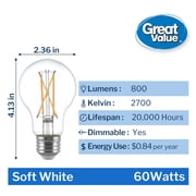 Great Value 18YR A19 LED Light Bulb, 7W (60W Equivalent), Dimmable Soft White, E26 Base, 12 Pack