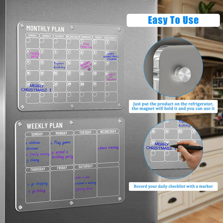 KAQUBE Acrylic Magnetic Monthly and to Do List for Fridge, Magnetic Acrylic Calendar w/5 Dry Erase Markers, Reusable Clear Fridge Calendar, Dry Erase