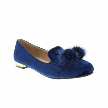 Sexy Tan 3' Heel Moca Low Heel Slip-On Flats Women's Casual Faux Suede /w Genuine Mink Pom Pom Ball & Rhinestone Design Fury-01, Blue 8.5 F US ()