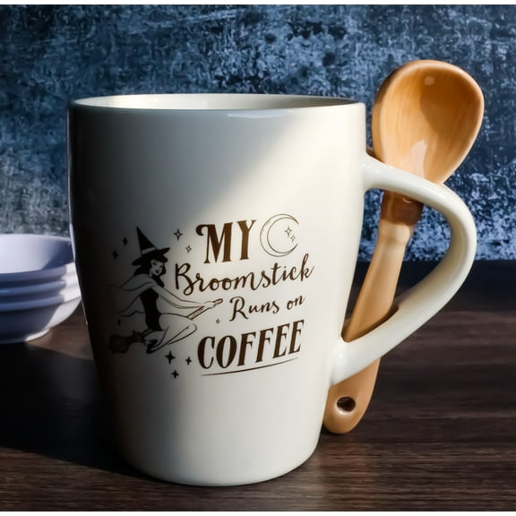 Wiccan Witch Sacred Moon My Broomstick Runs On Coffee Ceramic Mug And Spoon Set