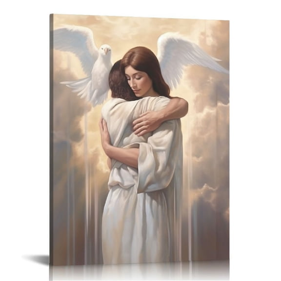 COMIO Heaven Painting Canvas Prints Wall Art, Holy spirit, White dove, Man hugging Jesus in heaven, Christ Portrait Canvas Picture Home Decor for Living Room
